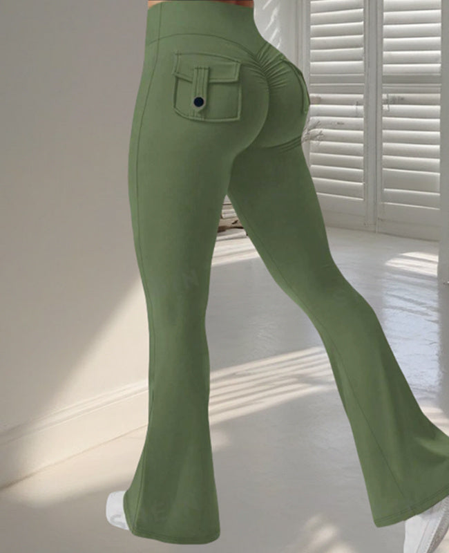 Fitness Flared Byxor med Fickor IYoga ns Mode Smala Hög Midja Sportbyxor Scrunch Butt Booty Träningslyft Leggings