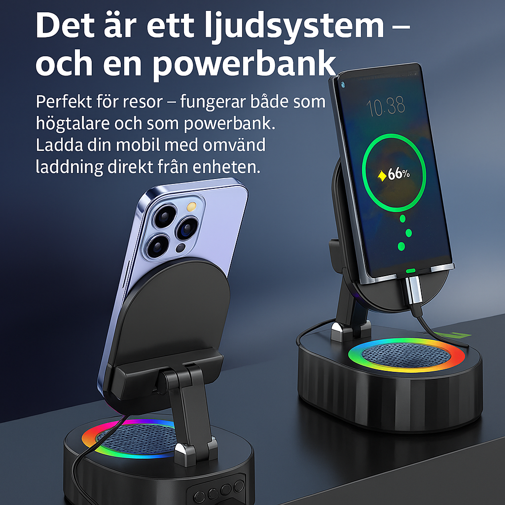 Mobilhållare med Inbyggd Sensorhögtalare & Powerbank.
