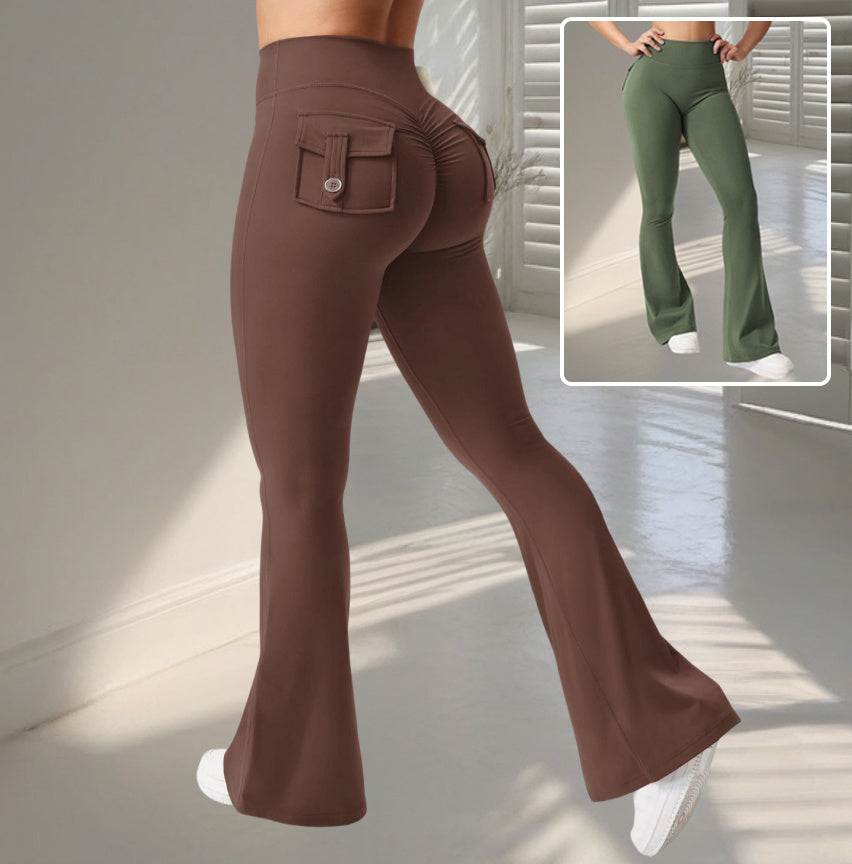 Fitness Flared Byxor med Fickor IYoga ns Mode Smala Hög Midja Sportbyxor Scrunch Butt Booty Träningslyft Leggings