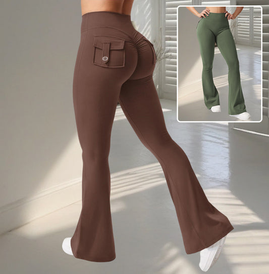 Fitness Flared Byxor med Fickor IYoga ns Mode Smala Hög Midja Sportbyxor Scrunch Butt Booty Träningslyft Leggings