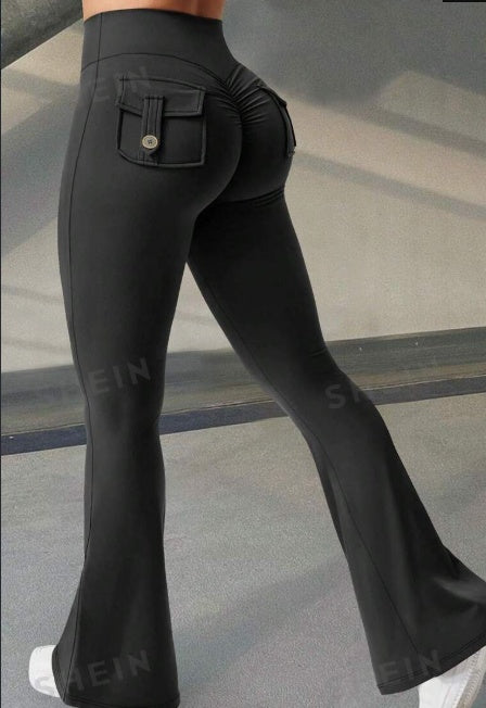 Fitness Flared Byxor med Fickor IYoga ns Mode Smala Hög Midja Sportbyxor Scrunch Butt Booty Träningslyft Leggings
