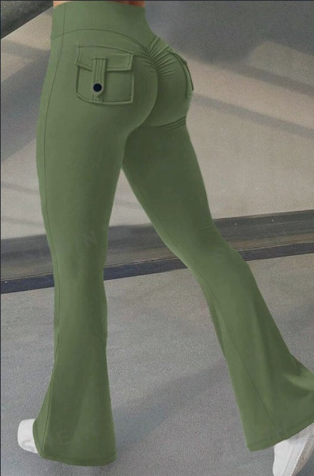 Fitness Flared Byxor med Fickor IYoga ns Mode Smala Hög Midja Sportbyxor Scrunch Butt Booty Träningslyft Leggings