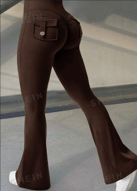 Fitness Flared Byxor med Fickor IYoga ns Mode Smala Hög Midja Sportbyxor Scrunch Butt Booty Träningslyft Leggings